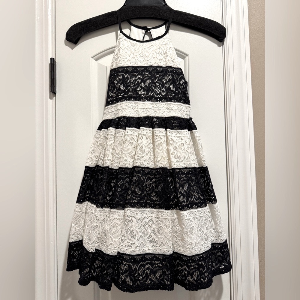 Elegant Black and White Lace Kids Dress with zipper back and ribbon tie